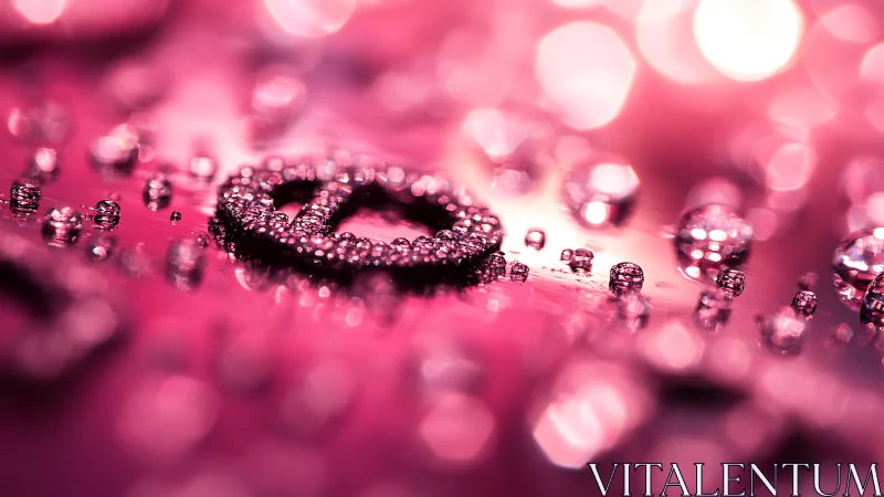 Macro bokeh study of pink droplets on metallic surface.