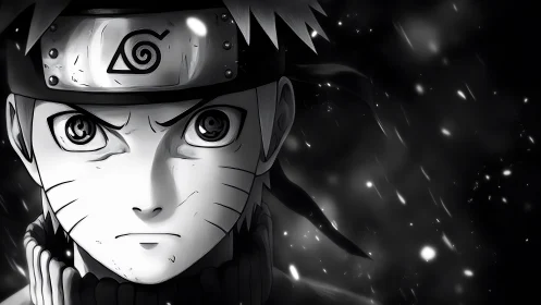 Intense shinobi portrait in stark monochrome stormlight.