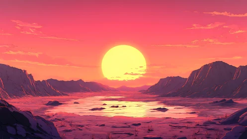 Crimson desert sunset over reflective valley lakescape.