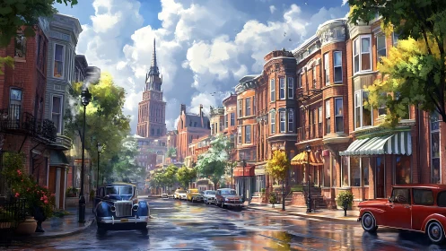 Sunny historic city street with vintage cars and brick homes.