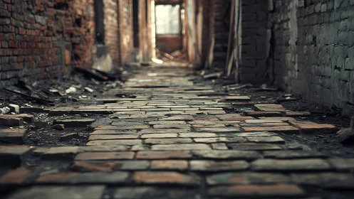 Weathered brick alleyway leading toward soft evening light.