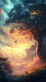 Large tree against luminous sky with birds in flight.