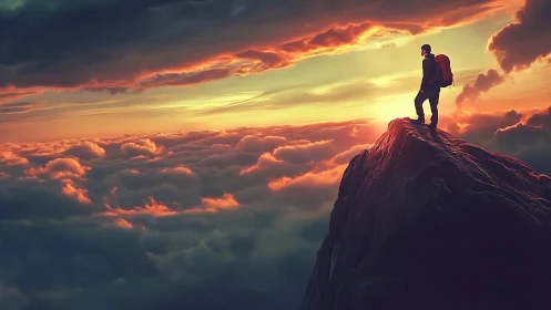 Solitary trekker silhouetted on fiery cloud-wreathed summit.