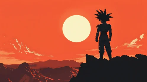 Silhouetted warrior observes oversized sun above stratified ridges