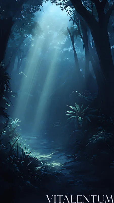 Mystical Forest Canyon with Celestial Light Rays