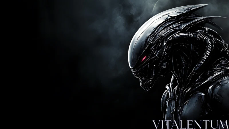 Dark biomechanical alien cyborg with glowing red eyes.