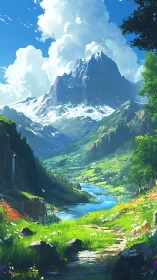 Sunlit mountain valley path winding toward a quiet blue river.