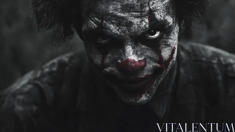 Dark close-up portrait of sinister clown face in shadow.