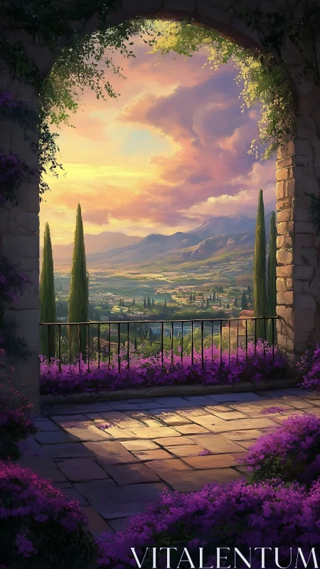 Sunset clouds pour gold over a terrace of violet bloom