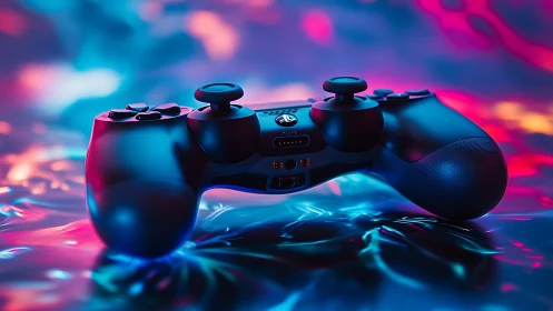Gaming Controller in Neon Lighting Environment.