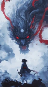 Stormborn swordsman confronts colossal crimson-eyed dragon.