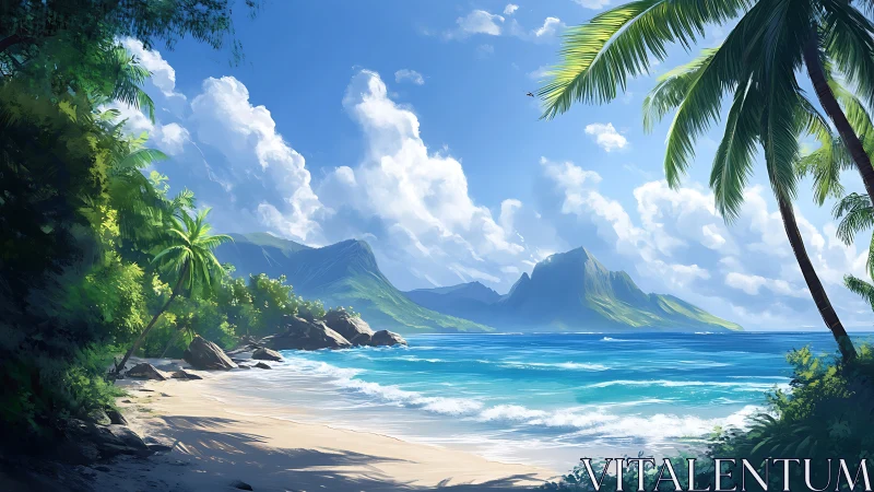 Tropical Coastal Paradise with Emerald Mountains and Pristine Beach