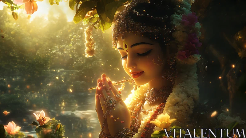 Divine goddess prays by luminous river in golden dusk