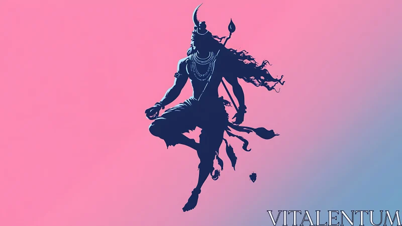 Silhouette of dancing deity against pink blue gradient.