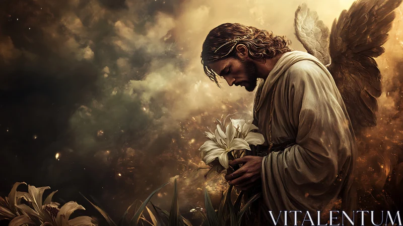 Luminous robed angel holding white lilies in celestial dusk