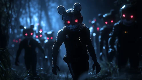 Eerie robot creatures stride through a glowing midnight forest