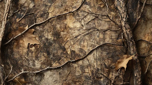 Tangled tree roots trace across weathered bark texture.