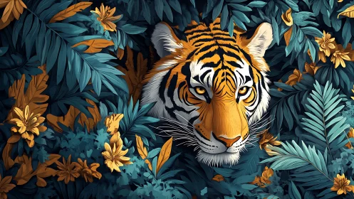 Tiger face framed by dense teal and gold jungle foliage.