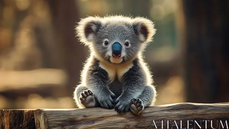 Young koala sitting on log in soft forest light.