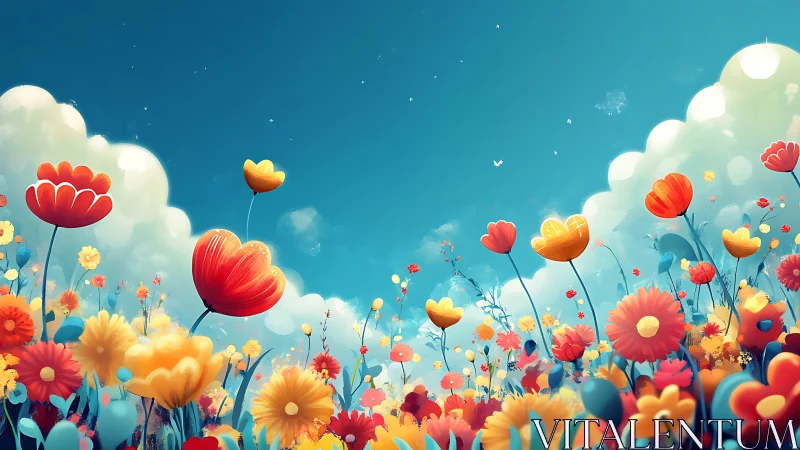 Digitally Rendered Floral Field with Stylized Sky and Clouds