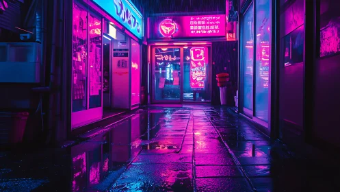 Neon illuminated alleyway with wet reflective pavement at night.