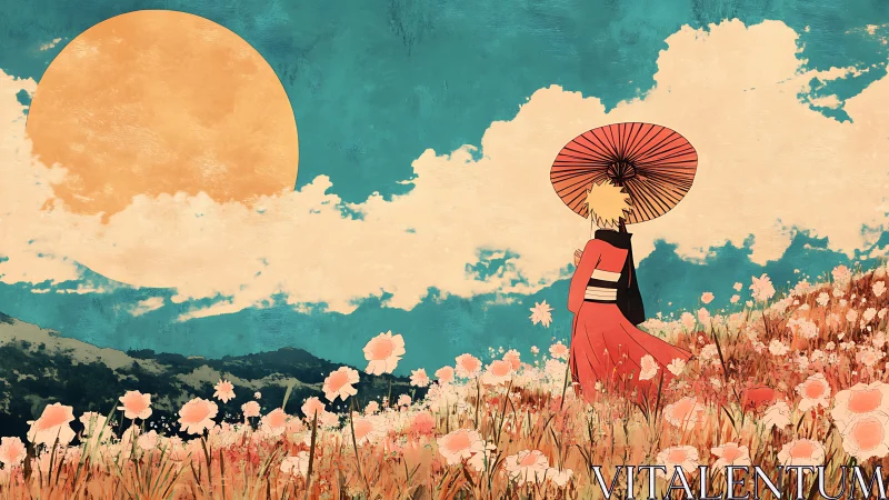 Figure in red kimono under large sun in flower field.