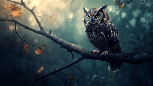 Majestic owl perched on autumn branch, cinematic moody lighting.