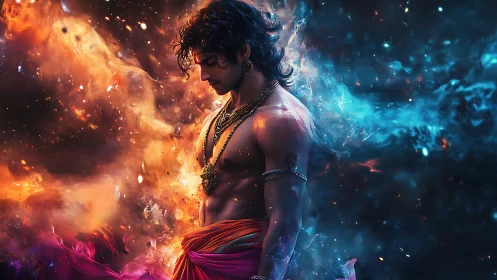 Mythic male figure amid dual fire and nebula energy field.