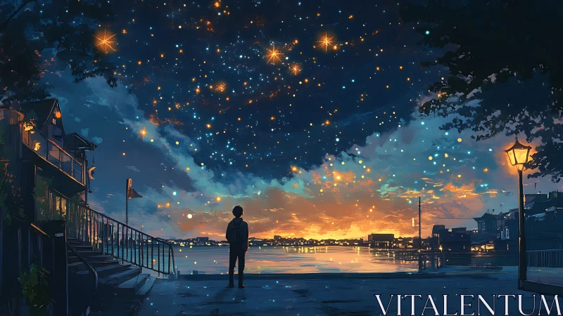 Lone figure under starfield sky above glowing harbor at dusk.