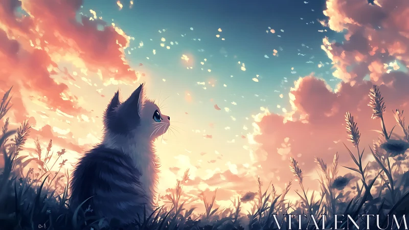 Felid figure in transitioned landscape beneath atmospheric sky transition