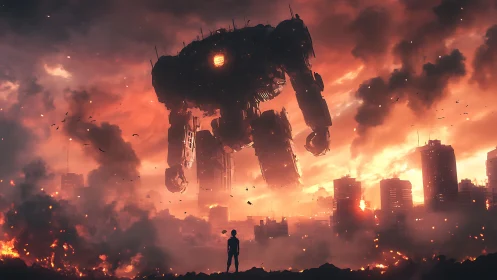 Colossal war mech stalks burning dusk city skyline