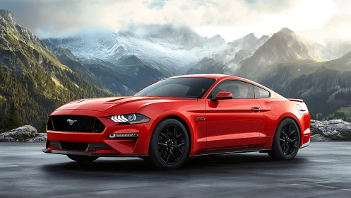Crimson muscle car lounges boldly beneath frosted mountain crowns