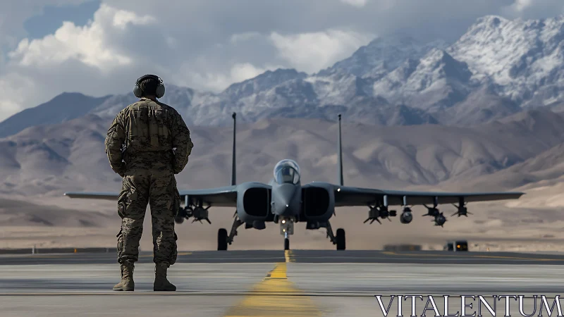 Ground crewman monitoring tactical jet on desert runway