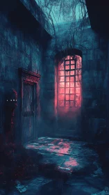 Cyan-magenta spectral corridor with decayed masonry and roots.