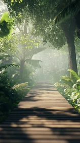 Wooden walkway through dense tropical vegetation and mist
