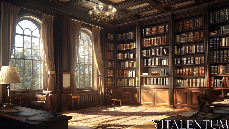 Sunlit manor library where polished wood cradles quiet lore.