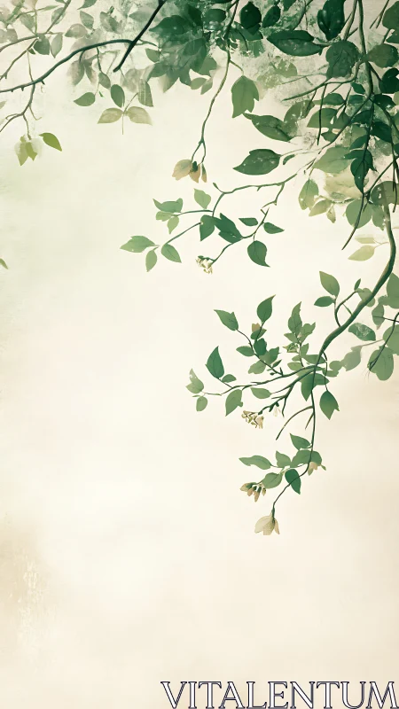 Soft green vines drift gently across a calm pale sky