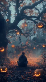 Solitary figure contemplates a haunted pumpkin forest glow