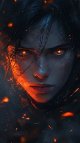 Fiery eyed warrior portrait in dark ember filled haze.