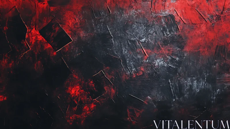 Textured crimson-black abstraction with stratified impasto fields.