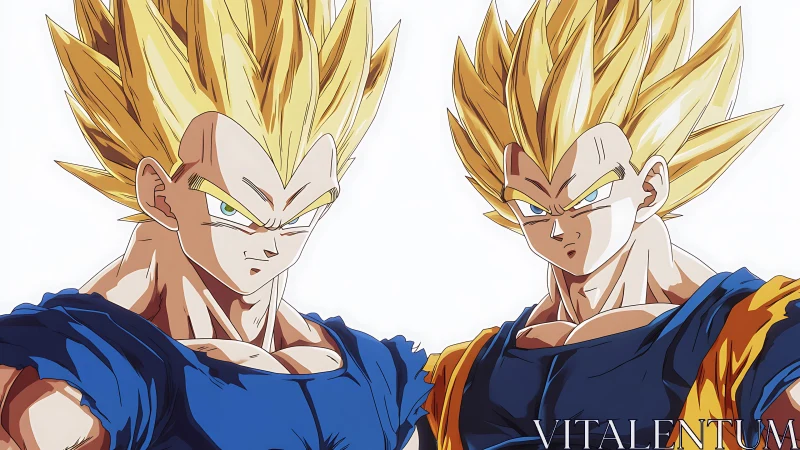 Blond spiked hair anime warriors in blue outfits posed.