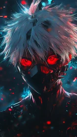 Neon-eyed cyber specter in a storm of electric embers.