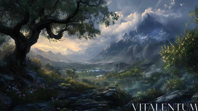 Gentle sunlight welcomes a tranquil valley below snowy peaks