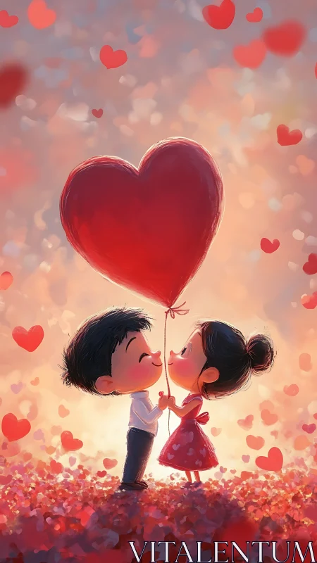 Two cartoon children holding giant red heart balloon together