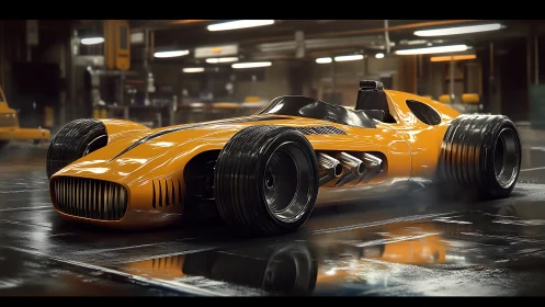 Retro-futurist single-seat racer with exposed turbines in garage