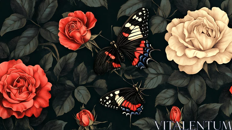 Butterflies among detailed roses on dark botanical ground.
