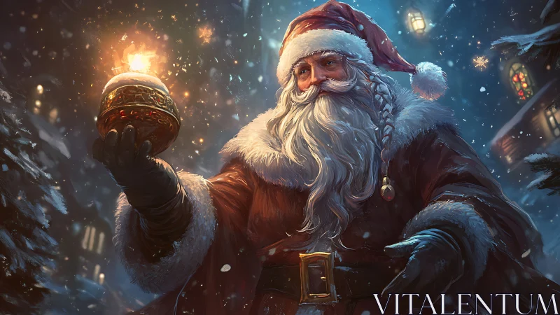 Santa holds glowing ornament in snowy village night.
