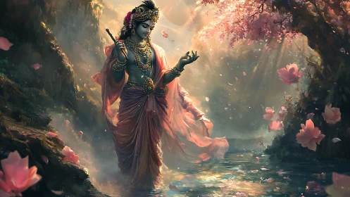 Divine figure in jeweled robes walking through floral stream.