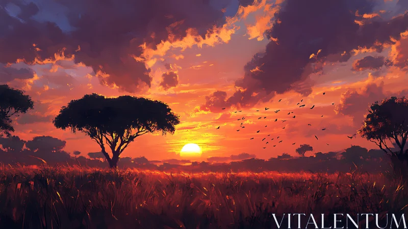 Fiery savanna sunset bathes acacia trees in glowing light
