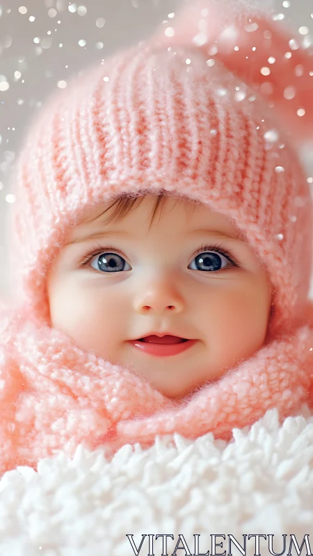 Pink-Wrapped Infant in Snowy Setting.